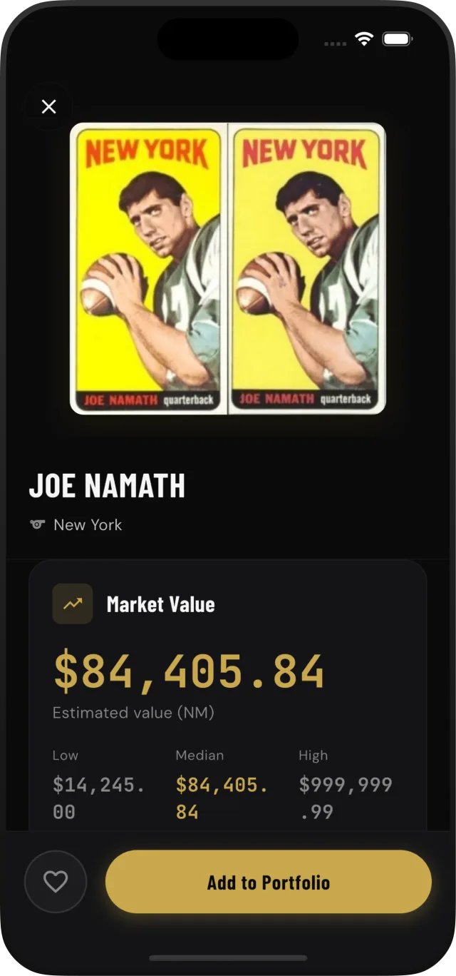 Card market value screen showing a Joe Namath card worth $84,405 with low, median and high prices