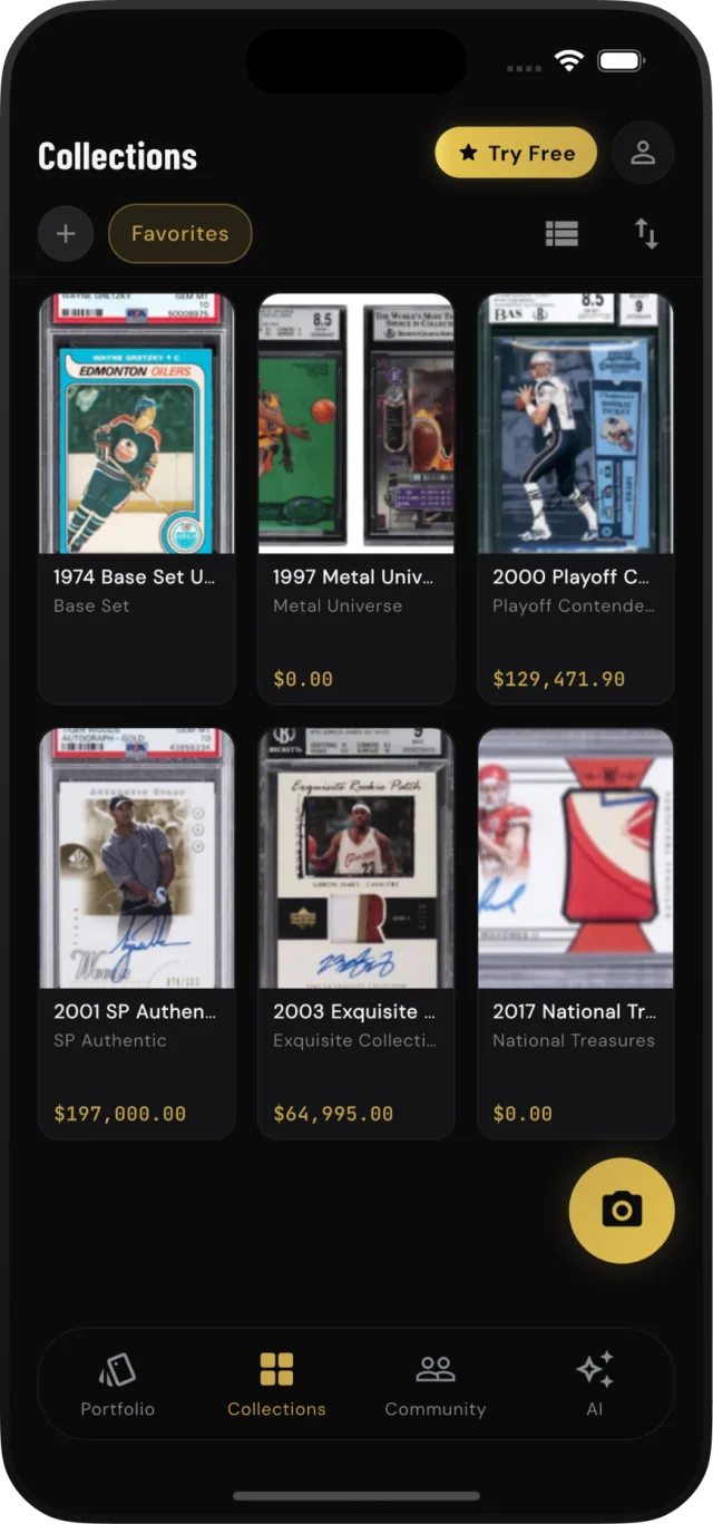 Collections screen with graded slabs including Gretzky, Brady and LeBron rookie cards